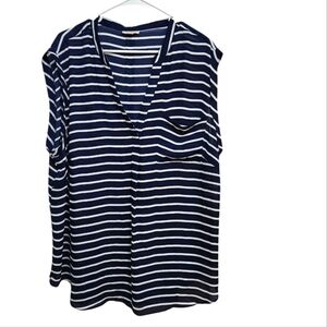 Roz & Ali Navy and White Striped Blouse With Gold Back Button Detail Plus Sz 3X
